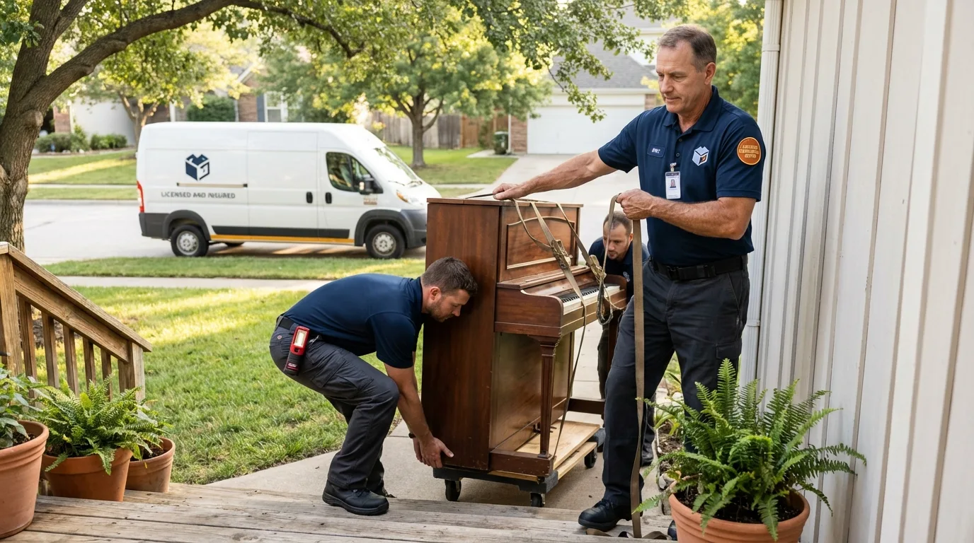 Licensed piano movers securing grand piano in Elbow Lake, MN