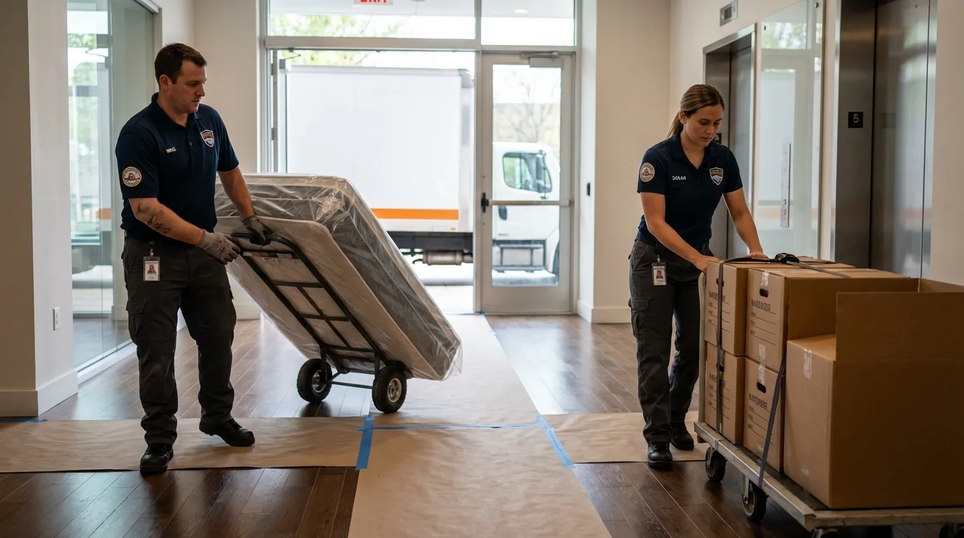 Professional apartment movers loading elevator in Elbow Lake, MN